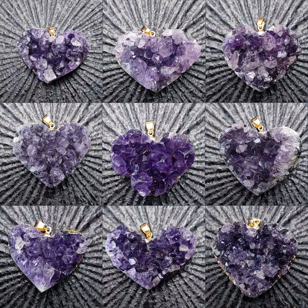 Uruguay Natural Amethyst Cluster Pendant White Crystal Irregular Tooth Cave Heart-Shaped Necklace Gemstone Material