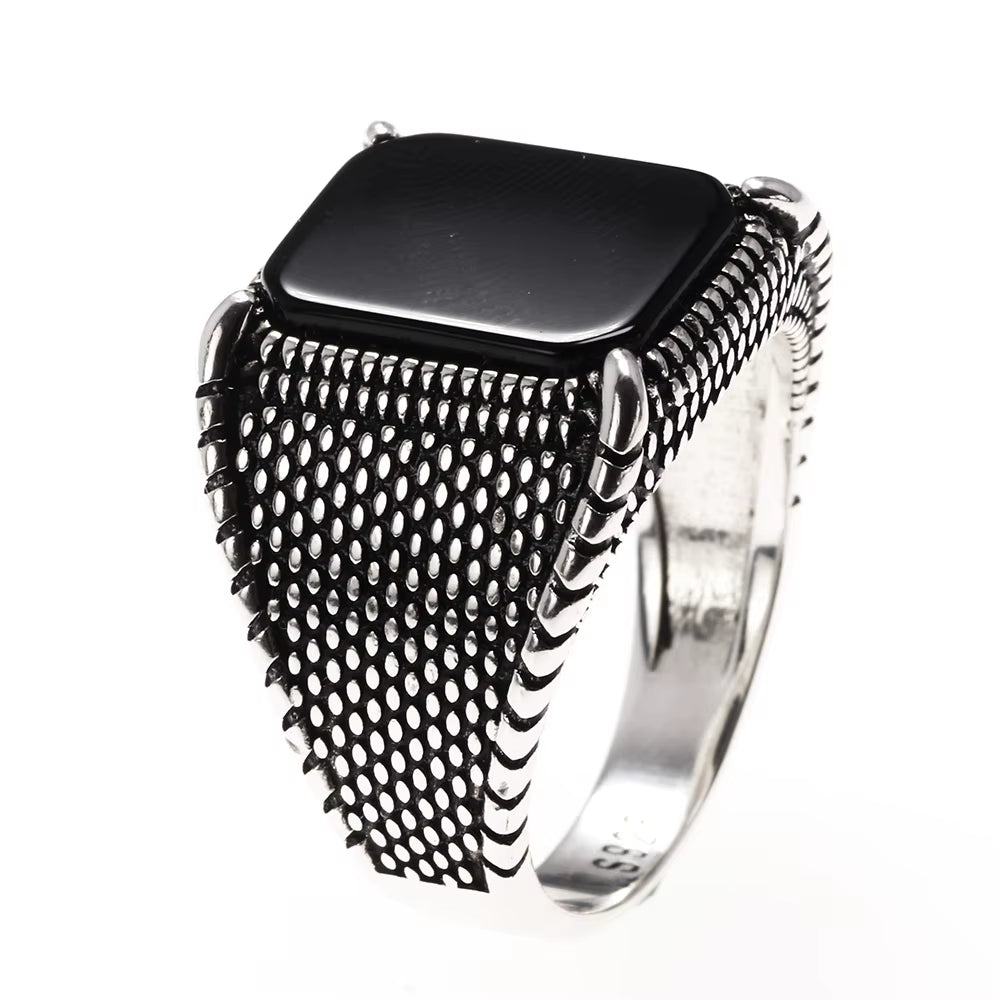 Turkish Jewelry Black Ring Men Light-Weight 6G Real 925 Sterling Silver Mens Rings Natural Agate Stone Vintage Cool Fashion