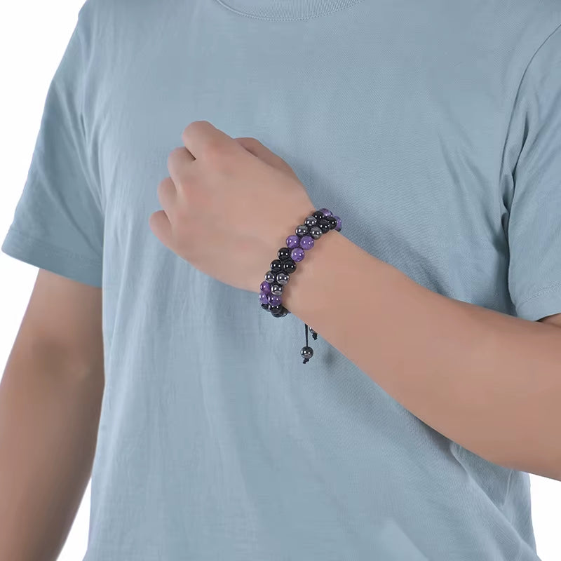 High Quality 6/8MM Natural Stone Amethyst Double Layer Bracelet Handmade Adjustable Elastic Black Magnet Beaded Bracelet Jewelry