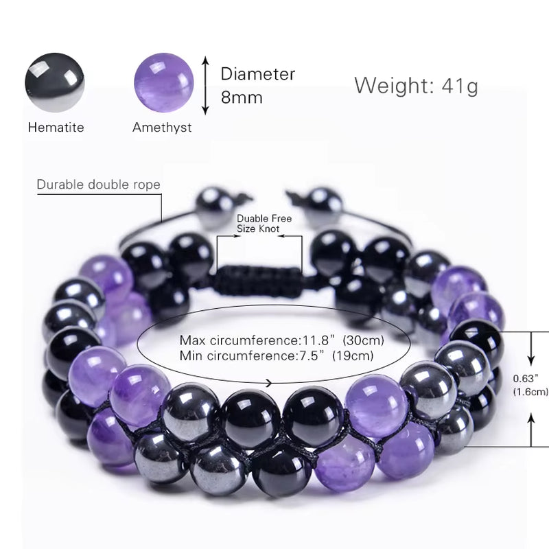 High Quality 6/8MM Natural Stone Amethyst Double Layer Bracelet Handmade Adjustable Elastic Black Magnet Beaded Bracelet Jewelry