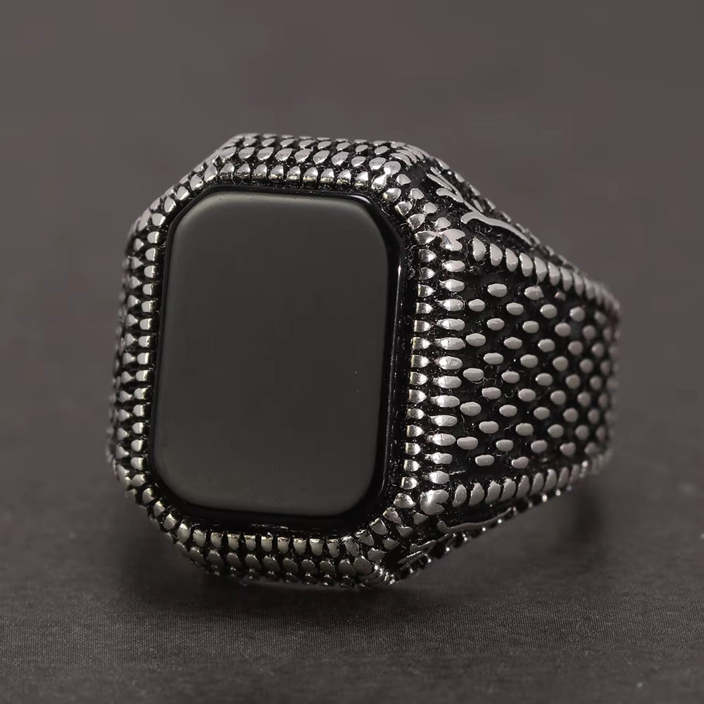 Turkish Jewelry Black Ring Men Light-Weight 6G Real 925 Sterling Silver Mens Rings Natural Agate Stone Vintage Cool Fashion