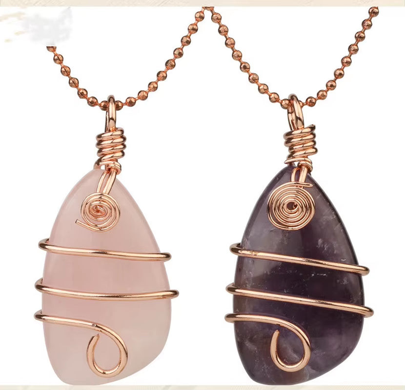 Wire Wrapped Natural Irregular Raw Crystal Pendant Necklace Healing Tumbled Gemstone Jewelry for Women Girl Amethyst Rose Quartz