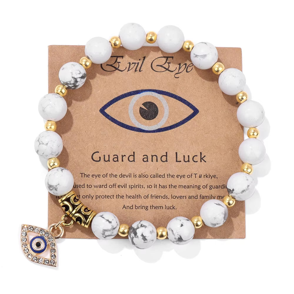 Fashion Gold Plated Evil Eye Pendant Bracelet for Women Men Charm 8MM Howlite Gemstone Braceletsjewelry