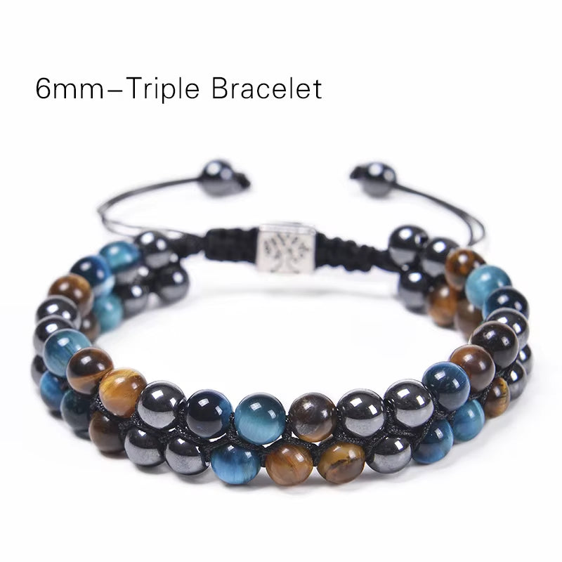 8Mm Blue Tiger Eye Black Obsidian Hematite Bracelet Double Woven Gemstone Natural Stone Yoga Beaded Bracelets Charms Stretchy