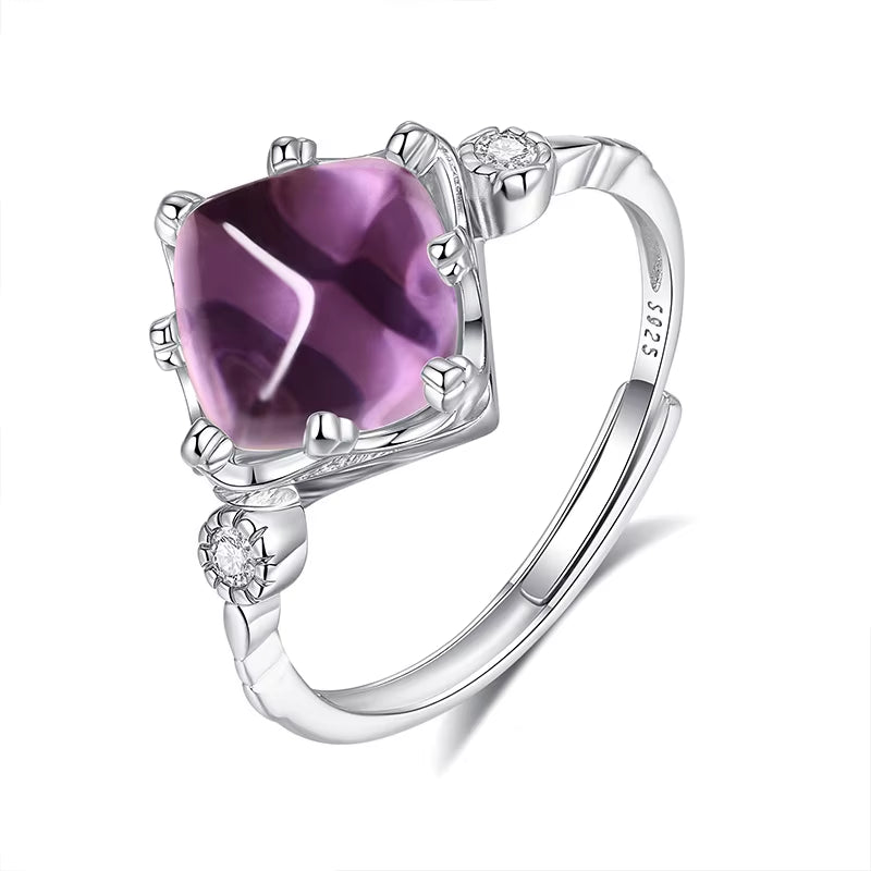 S925 Sterling Silver Women'S All-Match Necklace Natural Amethyst Sugar Tower Square Pendant Simple Geometric Link Chain Platinum