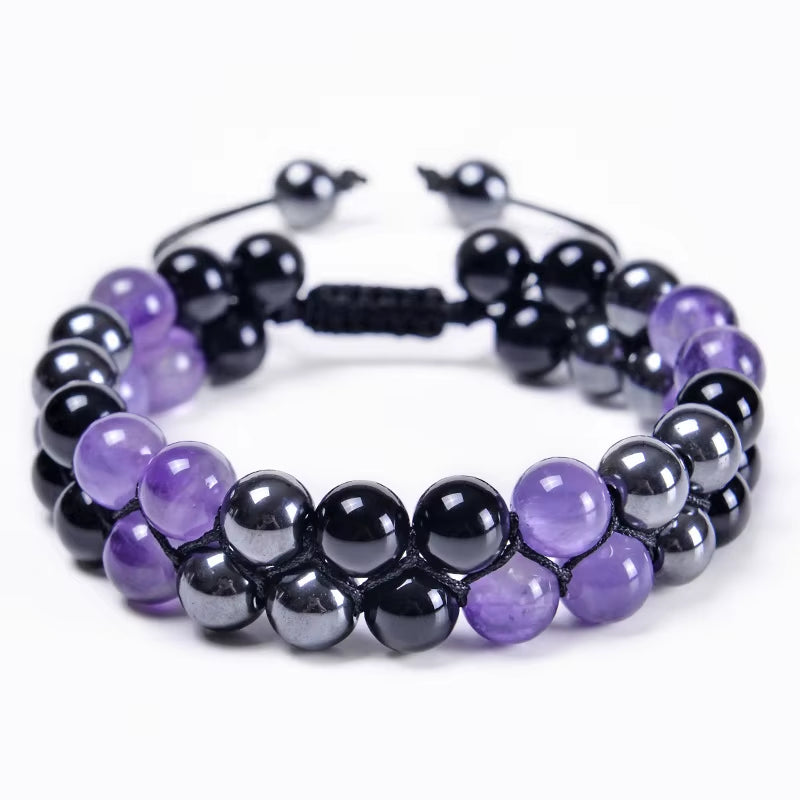 High Quality 6/8MM Natural Stone Amethyst Double Layer Bracelet Handmade Adjustable Elastic Black Magnet Beaded Bracelet Jewelry