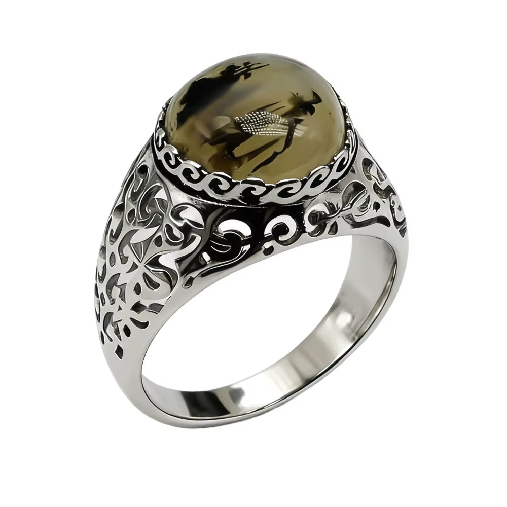 Kaanjewelry Wholesale Turkish Men'S Vintage 925 Sterling Silver Natural Onyx Agate Ring Fashionable Gemstone Islam Arabic Ring