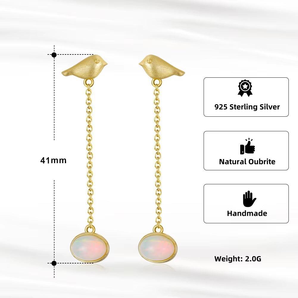 Fine Jewelry Opal Gemstone Necklace Jewelry Set Handmade 925 Silver Little Birds Design with 100% Genuine Natural Women Gift