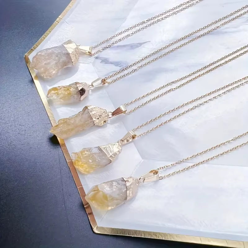 Natural Brazilian Citrine Raw Stone Pendant Gold Plated Edge Crystal Charm Necklace Wealth Abundance Healing Crystal Wholesale